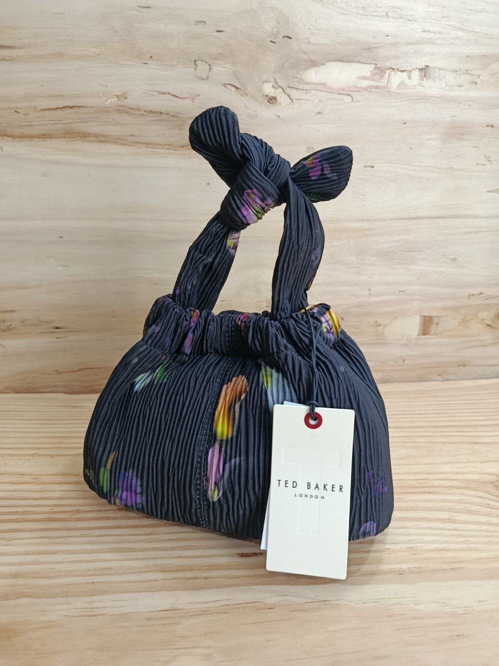 NWT Ted Baker London Emily-018 Black Floral Plisse Pleated Top Knot Crossbody